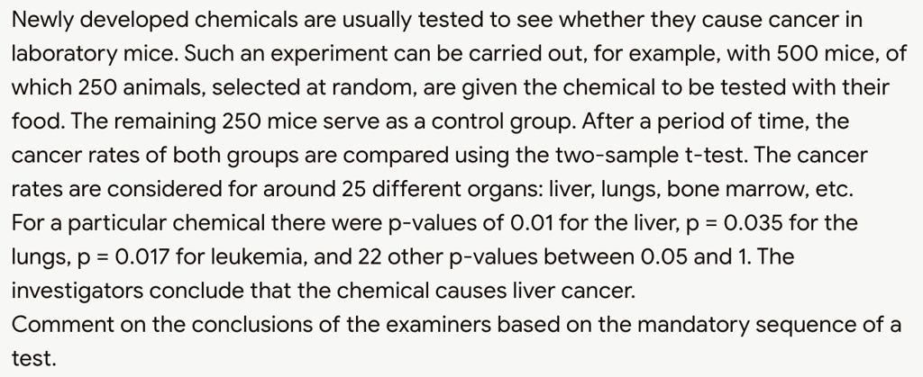 Newly developed chemicals are usually tested to see whether they cause cancer in
laboratory mice. Such an experiment can be carried out, for example, with 500 mice, of
which 250 animals, selected at random, are given the chemical to be tested with their
food. The remaining 250 mice serve as a control group. After a period of time, the
cancer rates of both groups are compared using the two-sample t-test. The cancer
rates are considered for around 25 different organs: liver, lungs, bone marrow, etc.
For a particular chemical there were p-values of 0.01 for the liver, p = 0.035 for the
lungs, p = 0.017 for leukemia, and 22 other p-values between 0.05 and 1. The
investigators conclude that the chemical causes liver cancer.
Comment on the conclusions of the examiners based on the mandatory sequence of a
test.