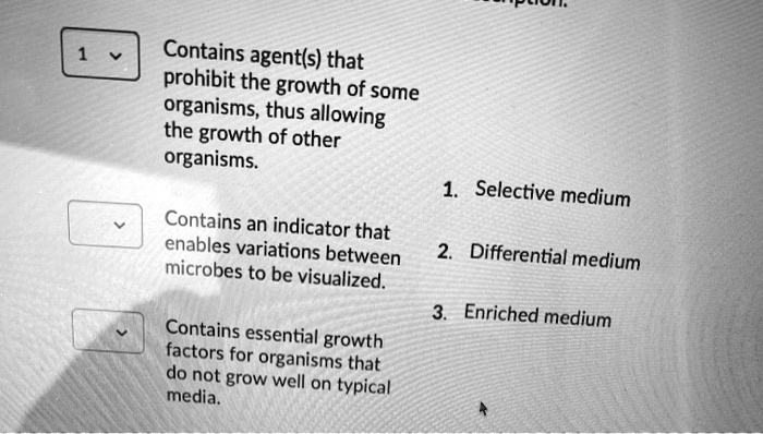 Contains agent(s) that prohibit the growth of some organisms, thus allowing the growth of other organisms.
Contains an indicator that enables variations between microbes to be visualized.
Contains essential growth factors for organisms that do not grow well on typical media.
1. Selective medium
2. Differential medium
3. Enriched medium