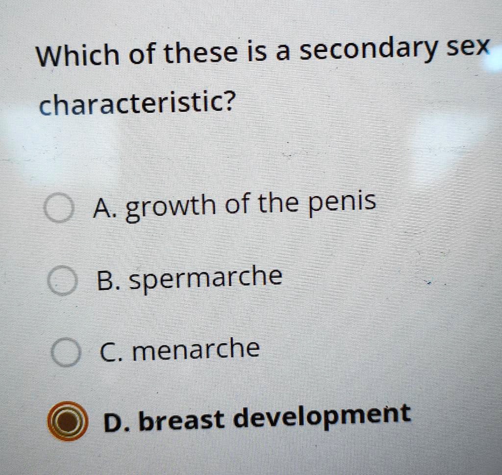 SOLVED: Which of these is a secondary sex characteristic? A. growth of the  penis B. spermarche C. menarche D. breast development