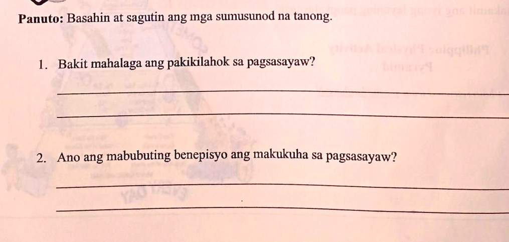 SOLVED: 1.) Bakit Mahalaga Ang Pakikilahok Sa Pagsayaw?2.) Ano Ang ...