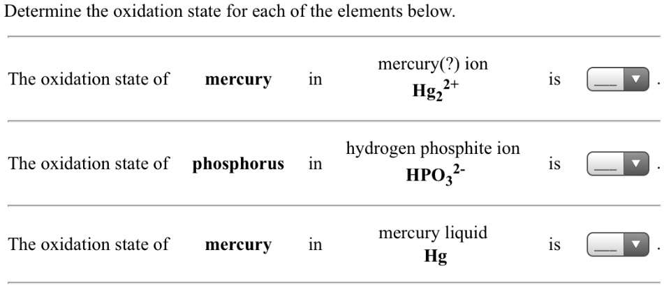 Determine the oxidation state for each of the elements below.
The oxidation state of mercury in mercury(?) ion Hg2 2+ is .
The oxidation state of phosphorus in hydrogen phosphite ion HPO3 2- is .
The oxidation state of mercury in mercury liquid Hg is .