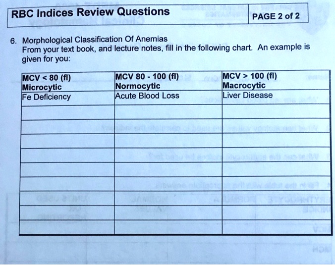SOLVED: RBC Indices Review Questions PAGE 2 of 2 Morphological ...