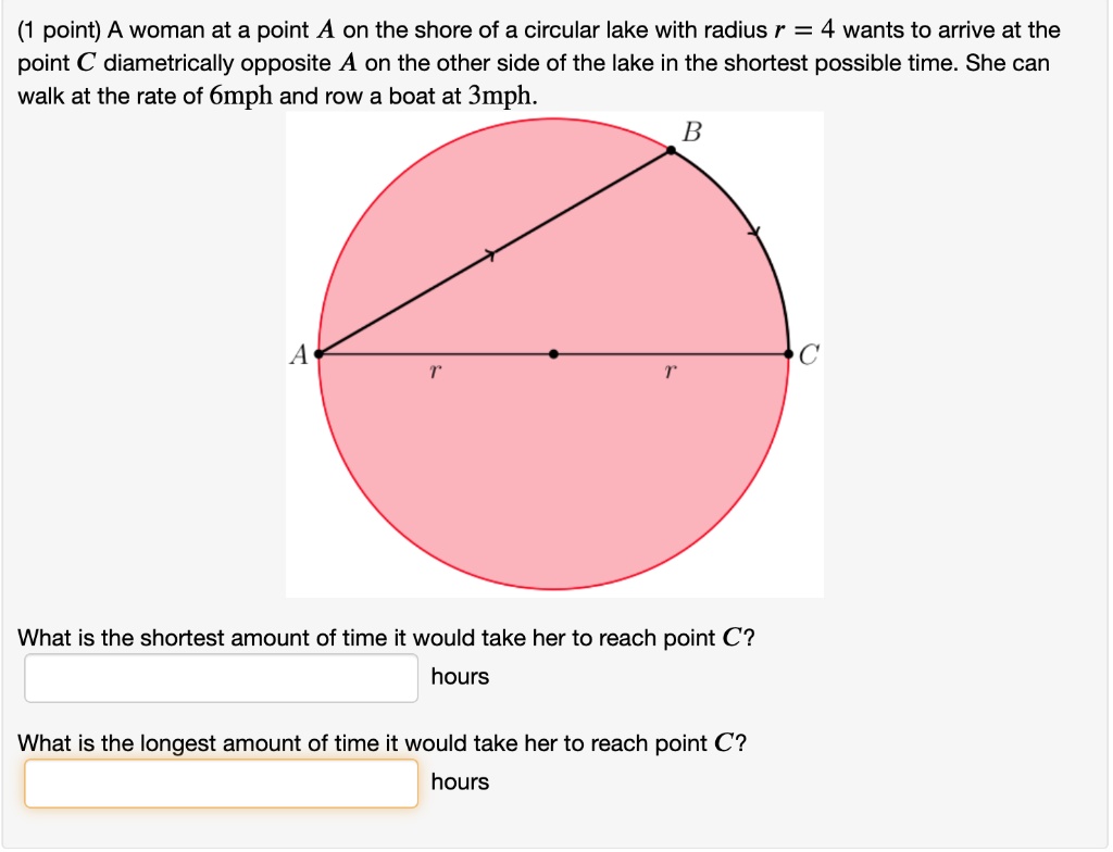 SOLVED: point) A woman at a point A on the shore of a circular lake ...