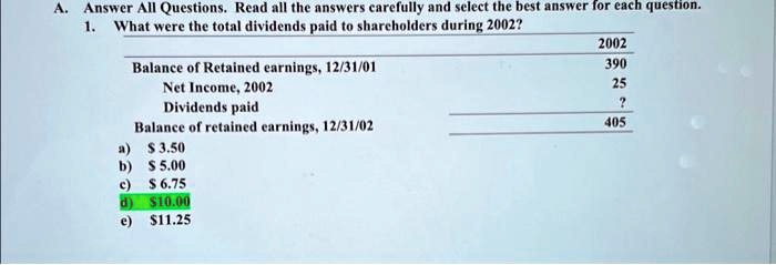 A. Answer All Questions. Read all the answers carefully and select the best answer for each question.
1. What were the total dividends paid to shareholders during 2002?
Balance of Retained earnings, 12/31/01
Net Income, 2002
Dividends paid
Balance of retained earnings, 12/31/02
a) 3.50
b)5.00
c) 6.75
d)10.00
e) 11.25
2002
390
25
?
405