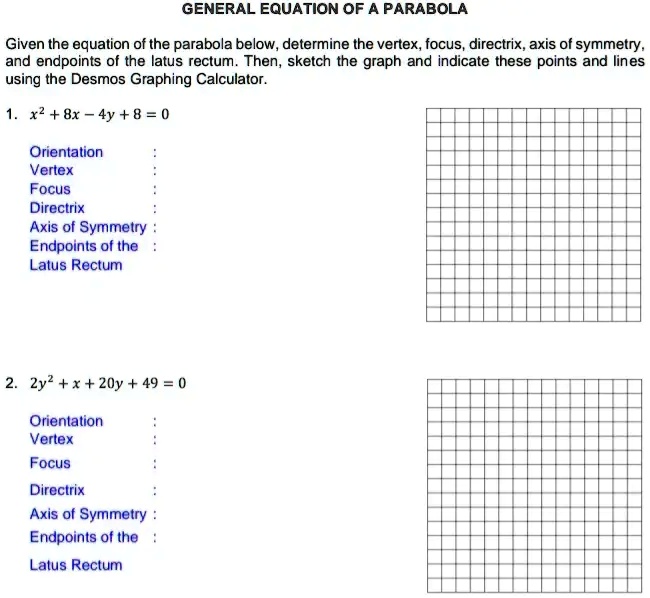 SOLVED GENERAL EQUATION OF A PARABOLA Given the equation of the