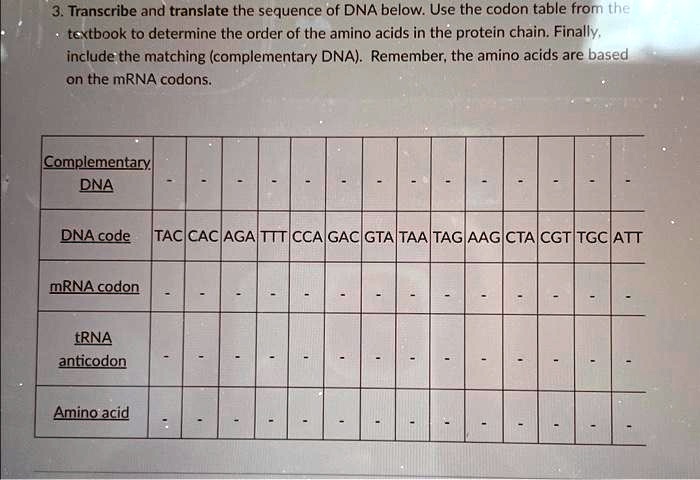 3. Transcribe and translate the sequence of DNA below. Use the codon table from the
textbook to determine the order of the amino acids in the protein chain. Finally,
include the matching (complementary DNA). Remember, the amino acids are based
on the mRNA codons.
Complementary
DNA
DNA code TAC CAC AGA TTT CCA GAC GTA TAA TAG AAG CTA CGT TGC ATT
mRNA codon
tRNA
anticodon
Amino acid