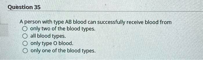 SOLVED: Question 35 A person with type AB blood can successfully ...