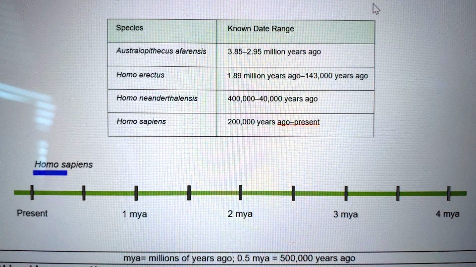 SOLVED: Species Known Date Range Australopithecus afarensis 3.85-2.95 ...