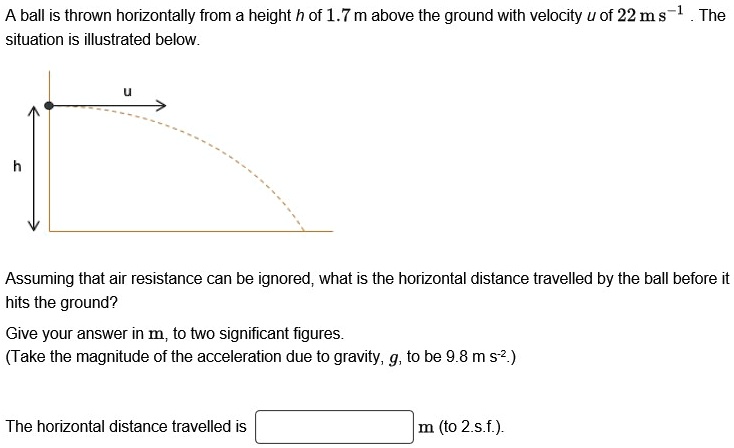 A ball is thrown horizontally from a height h of 1.7 m above the ground with velocity u of 22 m s?¹. The situation is illustrated below.
Assuming that air resistance can be ignored, what is the horizontal distance travelled by the ball before it hits the ground?
Give your answer in m, to two significant figures.
(Take the magnitude of the acceleration due to gravity, g, to be 9.8 m s?².)
The horizontal distance travelled is m (to 2.s.f.).