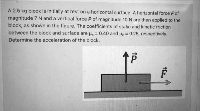 A 2.5 kg block is initially at rest on a horizontal surface. A horizontal force F of magnitude 7 N and a vertical force P of magnitude 10 N are then applied to the block, as shown in the figure. The coefficients of static and kinetic friction between the block and surface are ?s = 0.40 and ?k = 0.25, respectively. Determine the acceleration of the block.