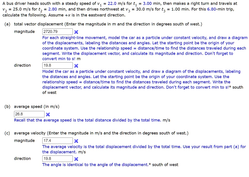 A bus driver heads south with a steady speed of v? = 22.0 m/s for t? = 3.00 min, then makes a right turn and travels at v? = 25.0 m/s for t? = 2.80 min, and then drives northwest at v? = 30.0 m/s for t? = 1.00 min. For this 6.80-min trip, calculate the following. Assume +x is in the eastward direction.

(a) total vector displacement (Enter the magnitude in m and the direction in degrees south of west.)
magnitude 2720.79
For each straight-line movement, model the car as a particle under constant velocity, and draw a diagram of the displacements, labeling the distances and angles. Let the starting point be the origin of your coordinate system. Use the relationship speed = distance/time to find the distances traveled during each segment. Write the displacement vector, and calculate its magnitude and direction. Don't forget to convert min to s! m
direction 19.8
Model the car as a particle under constant velocity, and draw a diagram of the displacements, labeling the distances and angles. Let the starting point be the origin of your coordinate system. Use the relationship speed = distance/time to find the distances traveled during each segment. Write the displacement vector, and calculate its magnitude and direction. Don't forget to convert min to s!° south of west

(b) average speed (in m/s)
26.8
Recall that the average speed is the total distance divided by the total time. m/s

(c) average velocity (Enter the magnitude in m/s and the direction in degrees south of west.)
magnitude 17.4
The average velocity is the total displacement divided by the total time. Use your result from part (a) for the displacement. m/s
direction 19.8
The angle is identical to the angle of the displacement.° south of west