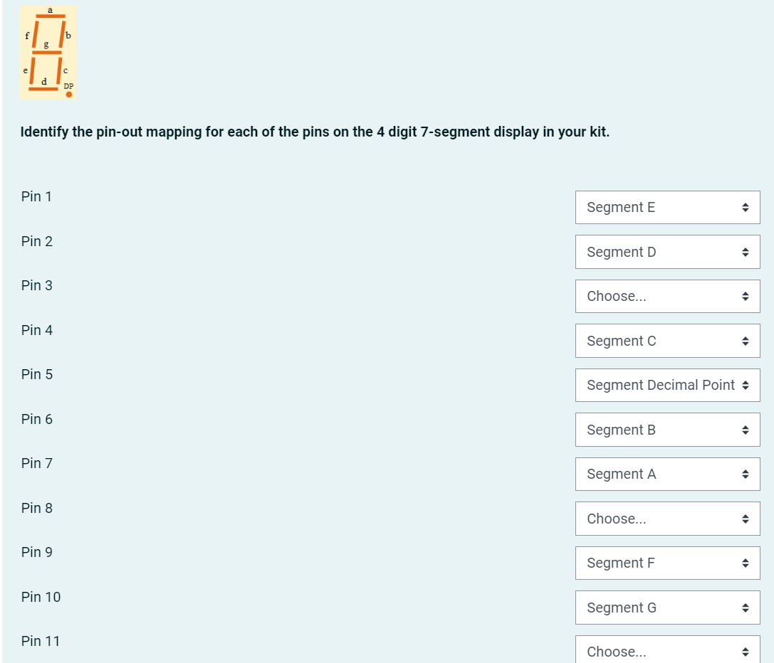 identify the pin out mapping for each of the pins on the 4 digit 7 ...