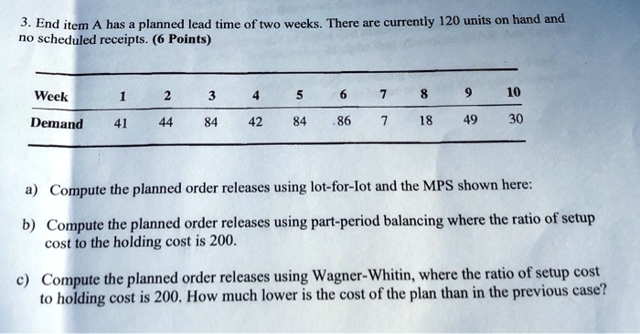 3. End item A has a planned lead time of two weeks. There are currently 120 units on hand and no scheduled receipts. (6 Points)

Week 1 2 3 4 5 6 7 8 9 10
Demand 41 44 84 42 84 86 7 18 49 30

a) Compute the planned order releases using lot-for-lot and the MPS shown here:

b) Compute the planned order releases using part-period balancing where the ratio of setup cost to the holding cost is 200.

c) Compute the planned order releases using Wagner-Whitin, where the ratio of setup cost to holding cost is 200. How much lower is the cost of the plan than in the previous case?