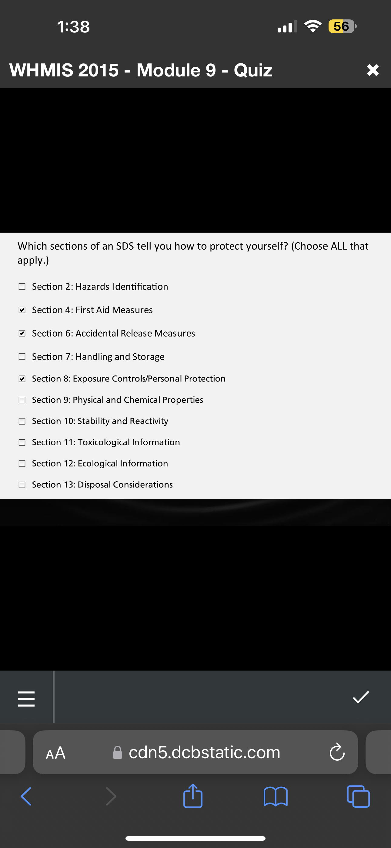 SOLVED 1 38 . 11 ? 56 WHMIS 2015 Module 9 Quiz Which sections of