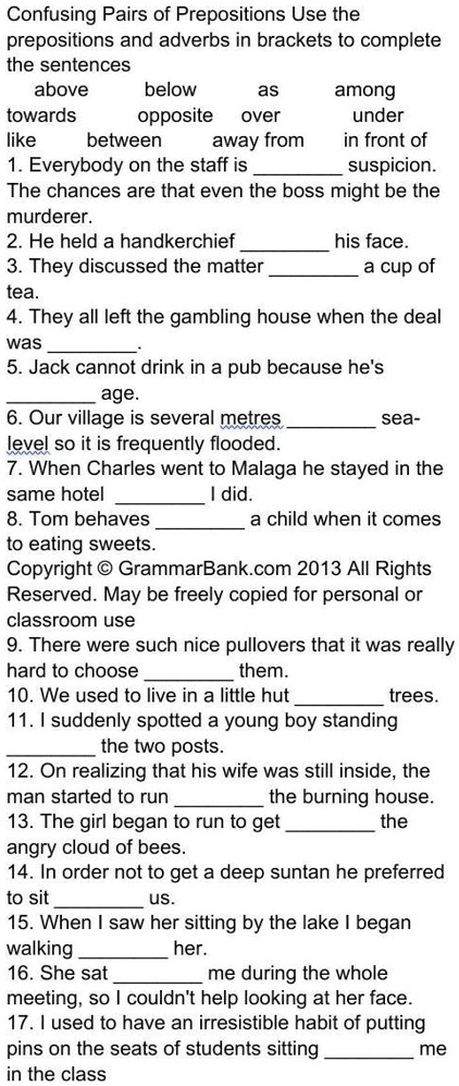 prepositions fill in the blanks confusing pairs of prepositions use the ...