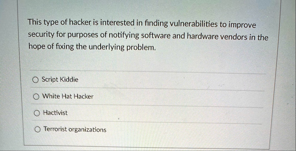 this type of hacker is interested in finding vulnerabilities to improve security for purposes of notifying software and hardware vendors in the hope of fixing the underlying problem script k 01774