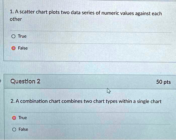 SOLVED: 1.A scatter chart plots two data series of numeric values ...