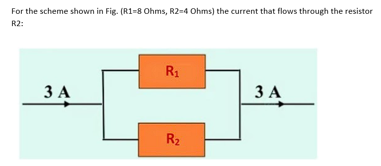 For the scheme shown in Fig. (R1=8 Ohms, R2=4 Ohms) the current that flows through the resistor R2: