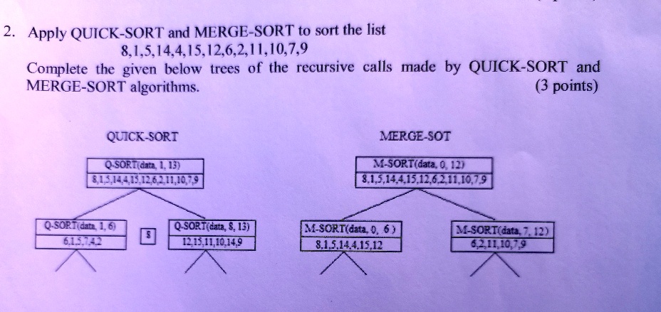 SOLVED: Apply QUICK-SORT and MERGE-SORT to sort the list 8, 1, 5, 14, 4 ...