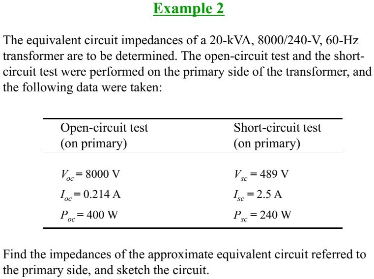 The equivalent circuit impedances of a 20kVA, 8000/240V, 60Hz