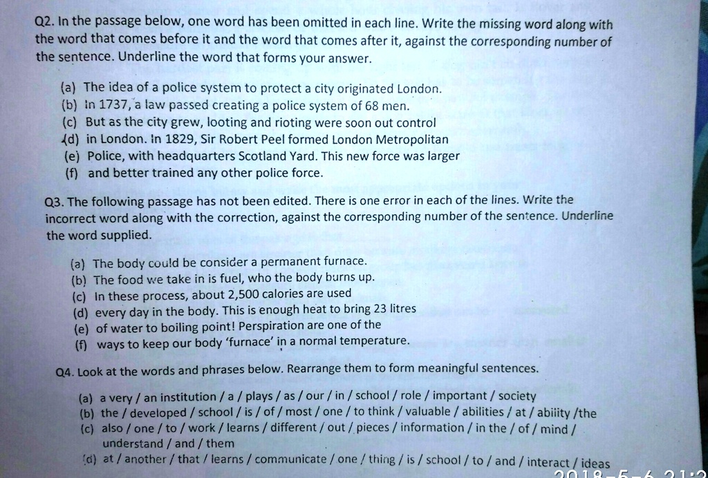 Q2. In The Passage Below, One Word Has Been Omitted In Each Line. Write 