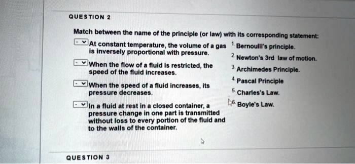 Match between the name of the principle (or law) with its corresponding statement:
At constant temperature, the volume of a gas is inversely proportional with pressure.
When the flow of a fluid is restricted, the speed of the fluid increases.
When the speed of a fluid increases, its pressure decreases.
In a fluid at rest in a closed container, a pressure change in one part is transmitted without loss to every portion of the fluid and to the walls of the container.
1. Bernoulli's principle.
2. Newton's 3rd law of motion.
3. Archimedes Principle.
4. Pascal Principle
5. Charles's Law.
6. Boyle's Law.