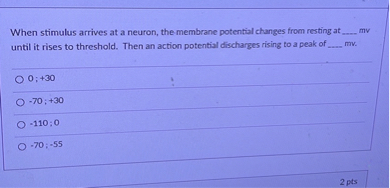 When stimulus arrives at a neuron, the membrane potential changes from resting at  mv until it rises to threshold. Then an action potential discharges rising to a peak of  mv.

0 ; +30
-70 ; +30
-110 ; 0
-70 ; -55