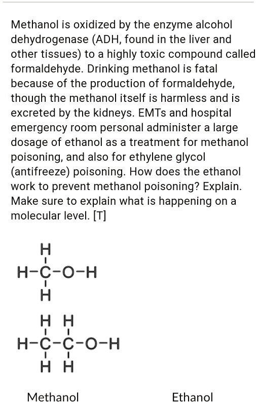 Solved Methanol Is Oxidized By The Enzyme Alcohol Dehydrogenase Adh Found In The Liver And Other Tissues To A Highly Toxic Compound Called Formaldehyde Drinking Methanol Is Fatal Because Of The Production Of