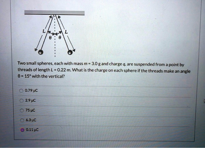 Two small spheres, each with mass m = 3.0 g and charge q, are suspended ...