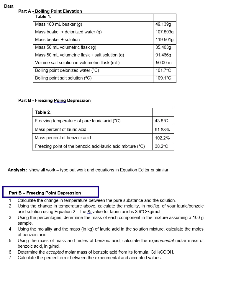 SOLVED Data Part A Boiling Point Elevation Table Mass 100 mL beaker (g