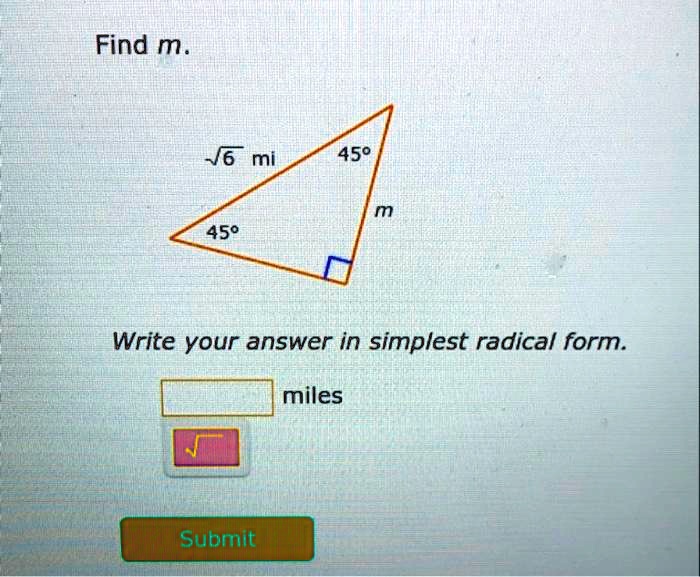 find m v6 mi 450 450 write your answer in simplest radical form miles submit 22493