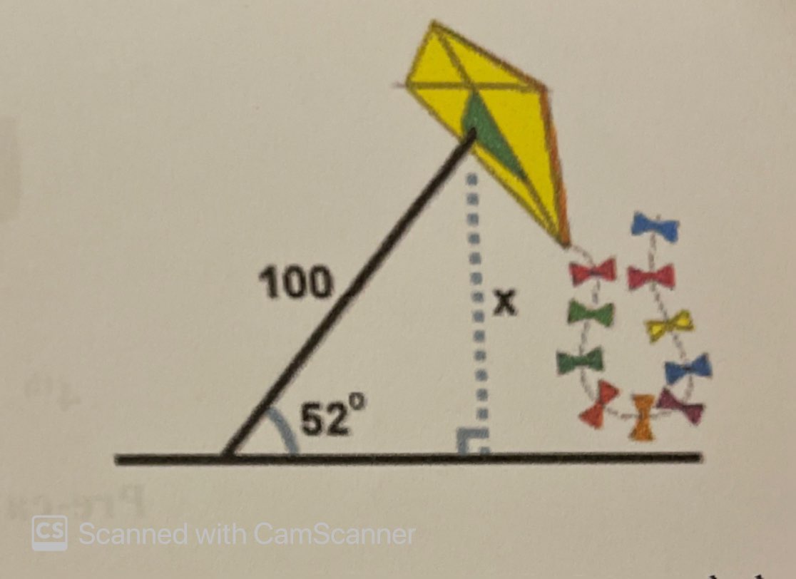 A man flies a kite with 100 foot string. the angle of elevation of the