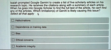 isaiah prompted google gemini to create a list of five scholarly articles on his research topic he receives the citations along with a summary of each article when he goes into google schola 84579