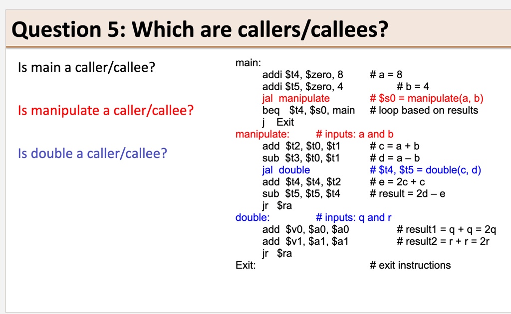 question 5 which are callerscallees is main a callercallee main addi t4 zero 8 a 8 addi t5 zero 4 b 4 jal manipulate s0 manipulatea b beq t4 s0 main loop based on results j exit is manipulat 21409