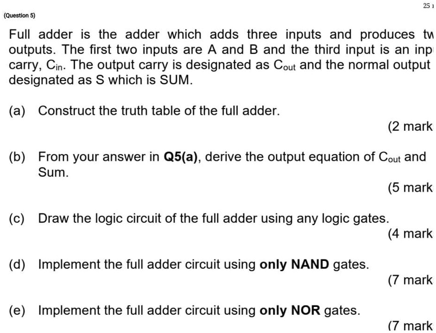 SOLVED: (Question 5) 251 Full adder is the adder which adds three ...
