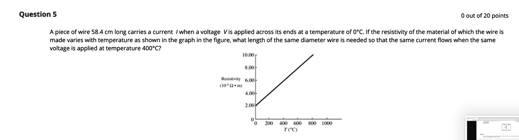 A piece of wire 58.4 cm long carries a current I when a voltage V is applied across its ends at a temperature of 0°C. If the resistivity of the material of which the wire is made varies with temperature as shown in the graph in the figure, what length of the same diameter wire is needed so that the same current flows when the same voltage is applied at temperature 400°C?