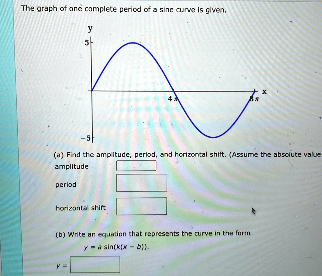 The graph of one complete period of a sine curve is given.
y
5
X
4?
8?
-5
(a) Find the amplitude, period, and horizontal shift. (Assume the absolute value
amplitude
period
horizontal shift
(b) Write an equation that represents the curve in the form
y = a sin(k(x - b)).
y =