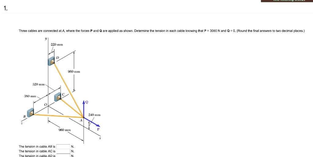 1 three cables are connected at a where the forces p and q are applied ...