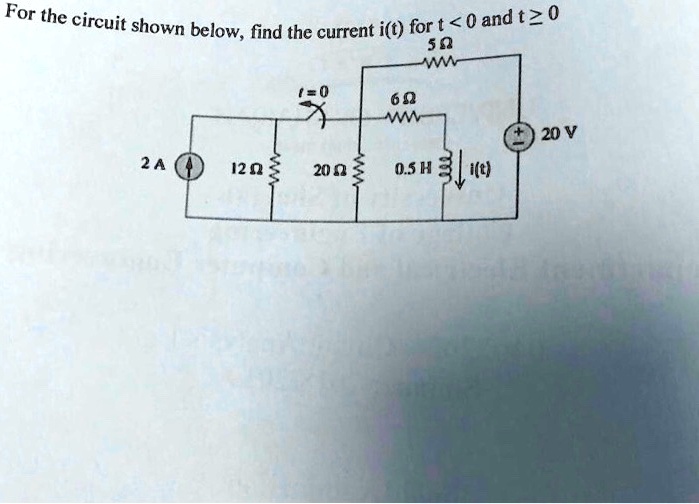 For the circuit shown below, find the current i(t) for t < 0 and t ? 0
5?
W
t = 0
6?
W
2A
12 ?
20 ?
0.5 H
i(t)
20 V
