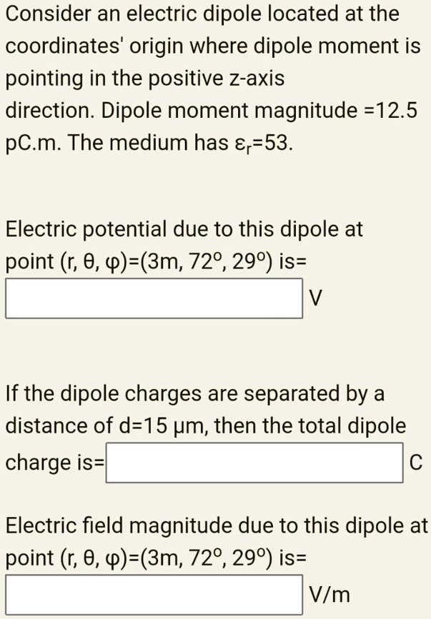 SOLVED: Consider an electric dipole located at the coordinates' origin ...