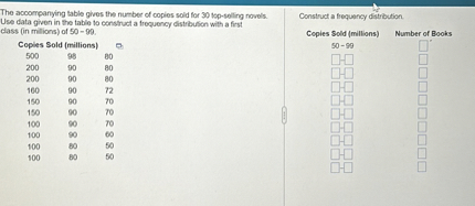The accompanying table gives the number of copies sold for 30 top-selling novels. Use data given in the table to construct a frequency distribution with a first class (in millions) of 50 - 99.

Copies Sold (millions)
500 98 80
200 90 80
200 90 80
160 90 72
150 90 70
150 90 70
100 90 70
100 90 60
100 80 50
100 80 50

Construct a frequency distribution.

Copies Sold (millions) Number of Books
50 - 99