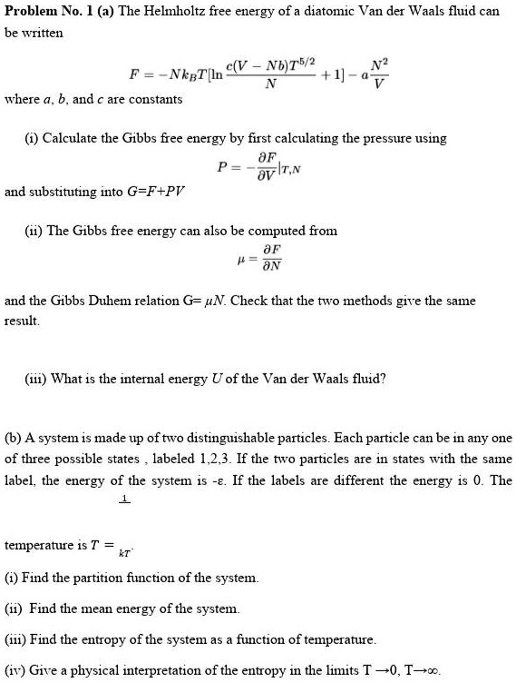 problem nol a the helmholtz free energy of a diatomic van der waals ...