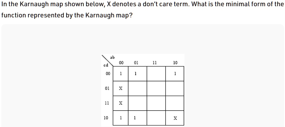 SOLVED In The Karnaugh Map Shown Below X Denotes A Don T Care Term   5190a7b2567b4090817485aadcc788aa 