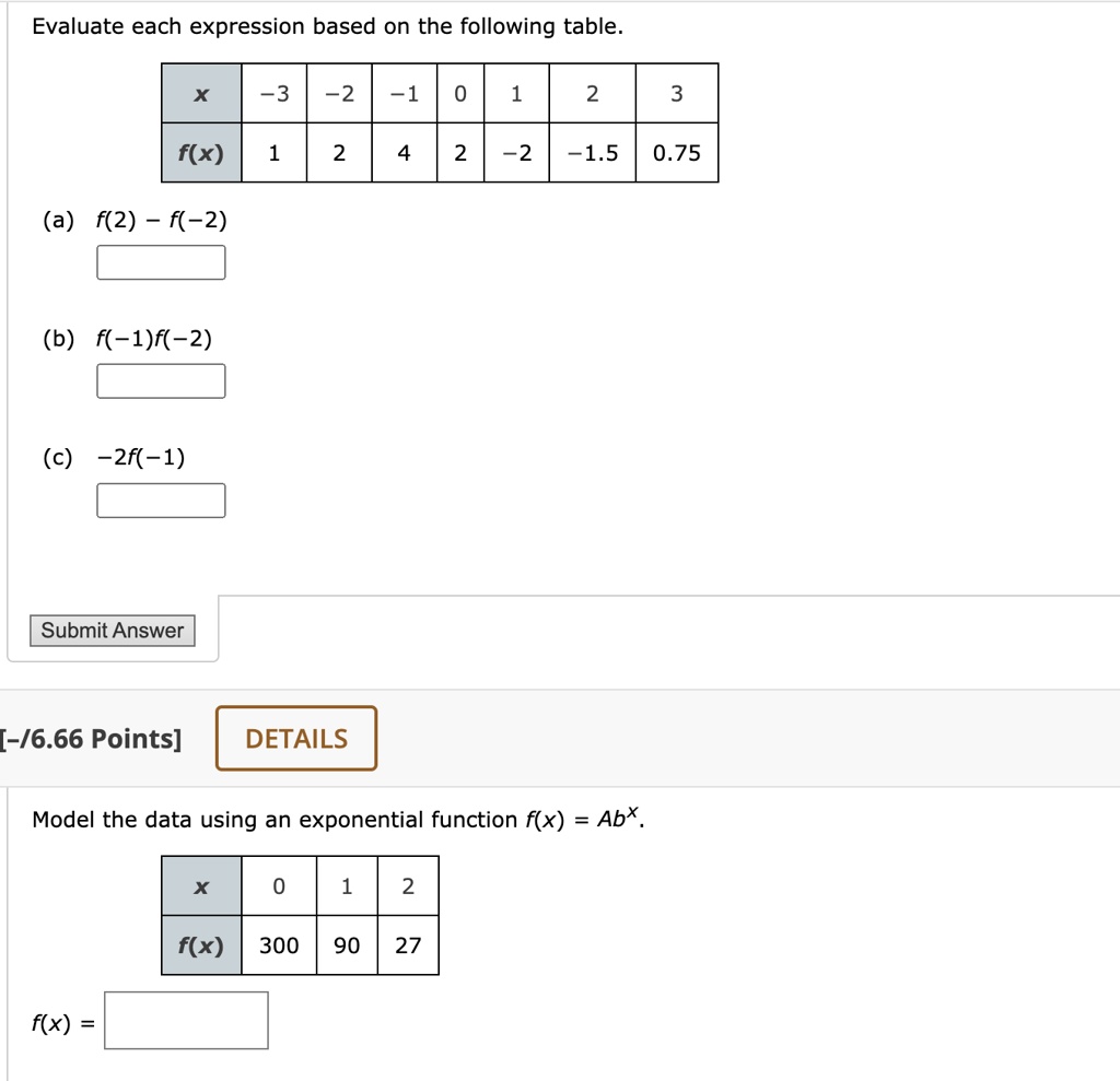 Evaluate each expression based on the following table.
X
-3
-2
-1
0
1
2
3
f(x)
1
2
4
2
-2
-1.5
0.75
(a) f(2) - f(-2)
(b) f(-1)f(-2)
(c) -2f(-1)
Submit Answer
-/6.66 Points]
DETAILS
Model the data using an exponential function f(x) = Ab^x.
X
0
1
2
f(x) 300 90
27
f(x) =