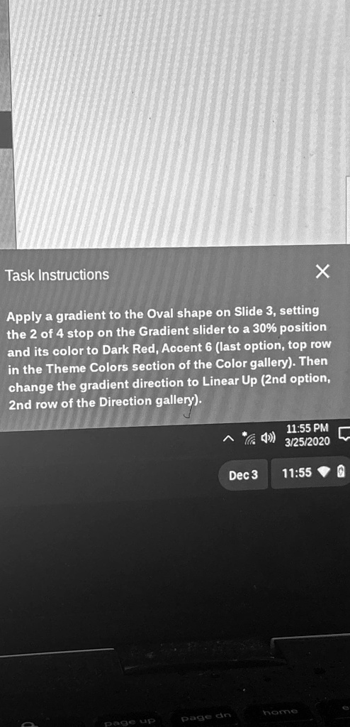 Task Instructions X Apply a gradient to the Oval shape on Slide 3 ...