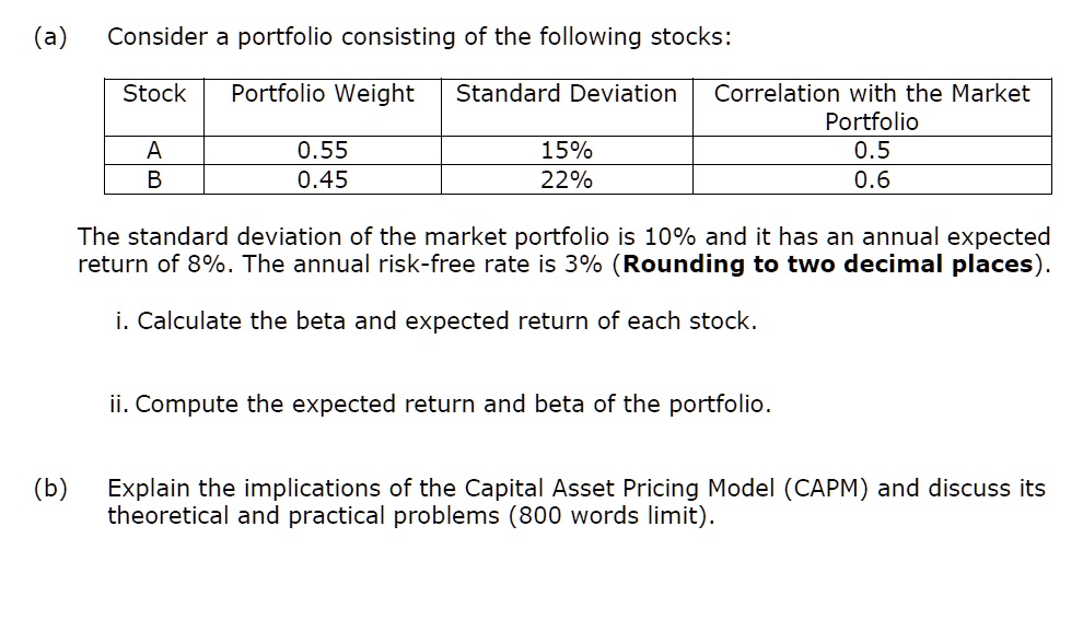 Solved Please Solve All Questions With Full Work And Explanation A Consider A Portfolio 