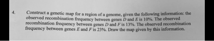 Construct a genetic map for a region of a genome, given the following information: the observed recombination frequency between genes D and E is 10%. The observed recombination frequency between genes D and F is 13%. The observed recombination frequency between genes E and F is 23%. Draw the map given by this information.