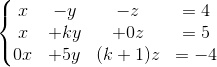  x - y - z = 4 
 x + ky + 0z = 5 
 0x + 5y + (k+1)z = -4 