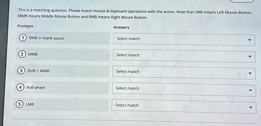 Lmb Cs Rmb This is a matching question. Please match mouse keyboard operations ...
