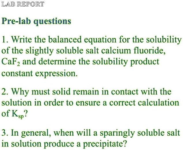 SOLVED LAB REPORT Prelab questions 1. Write the balanced equation for